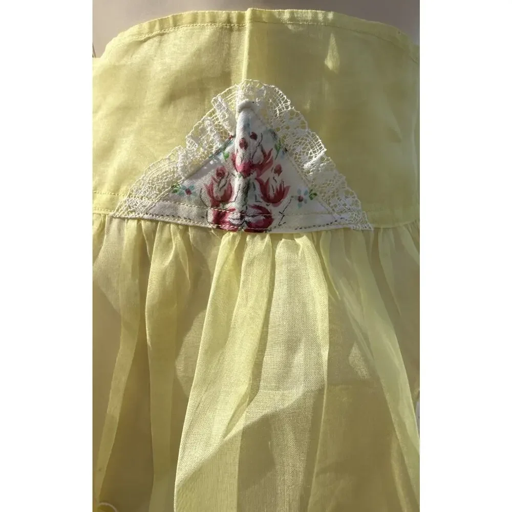 Vintage Floral Half Apron Pockets Sheer Yellow Lace Cottagecore Retro OS Patched